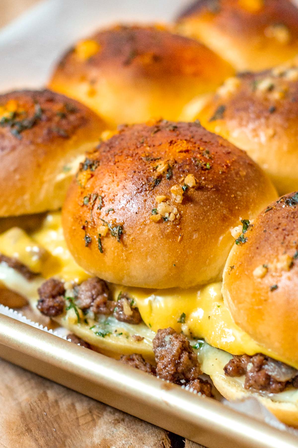 Golden toasted Ground Beef Sliders fresh from the oven.