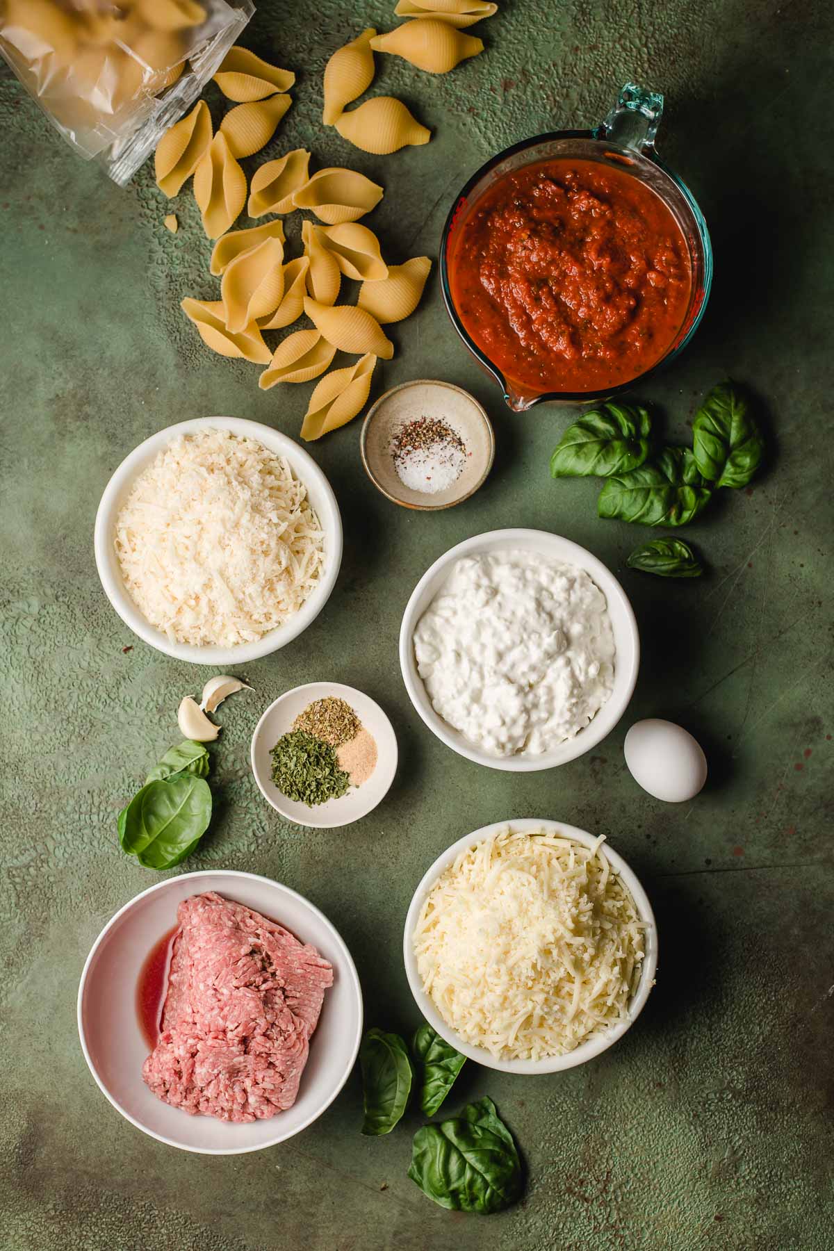 Ingredients for making Cottage Cheese Stuffed Shells with Ground Beef.
