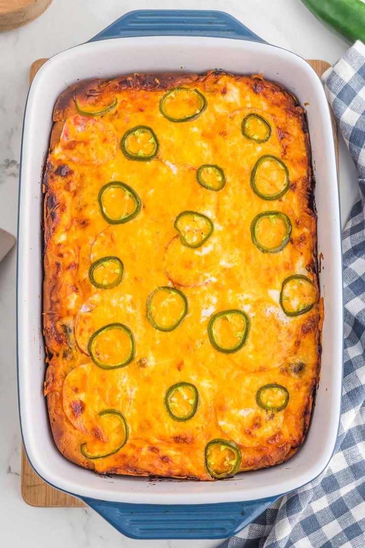 Jalapeno and cheese topped John Wayne Casserole fresh out of the oven.