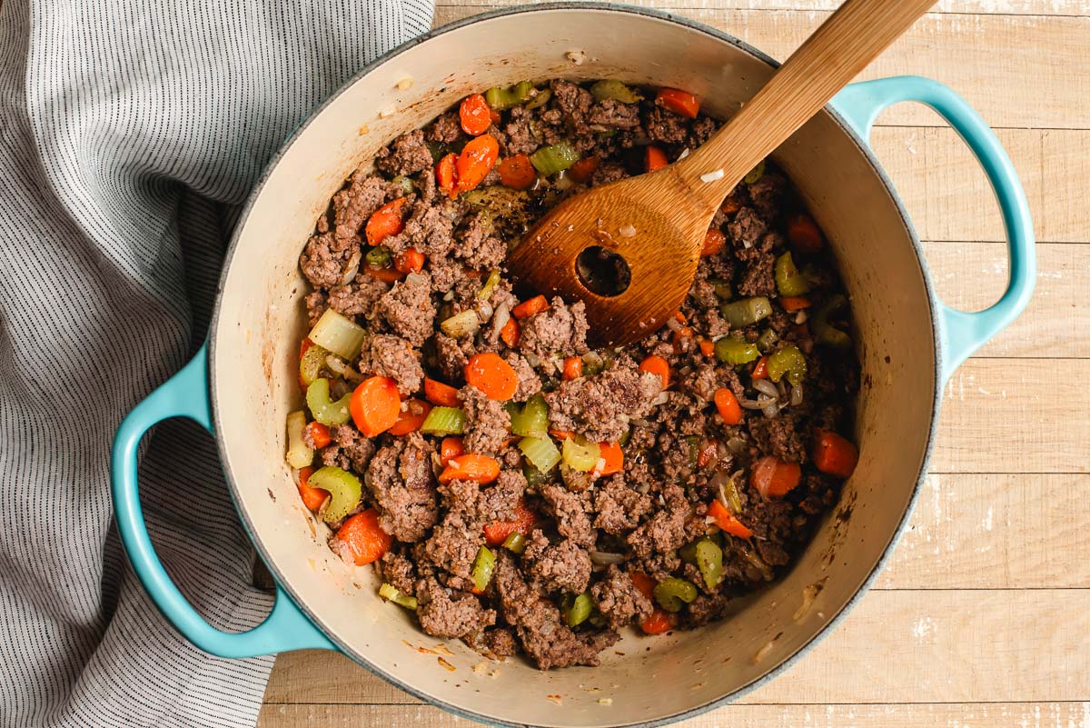 Sauteed ground beef with carrots, celery, and onion.