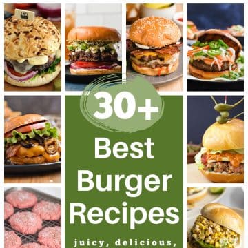 30 best burger recipes banner with various hamburger photos.