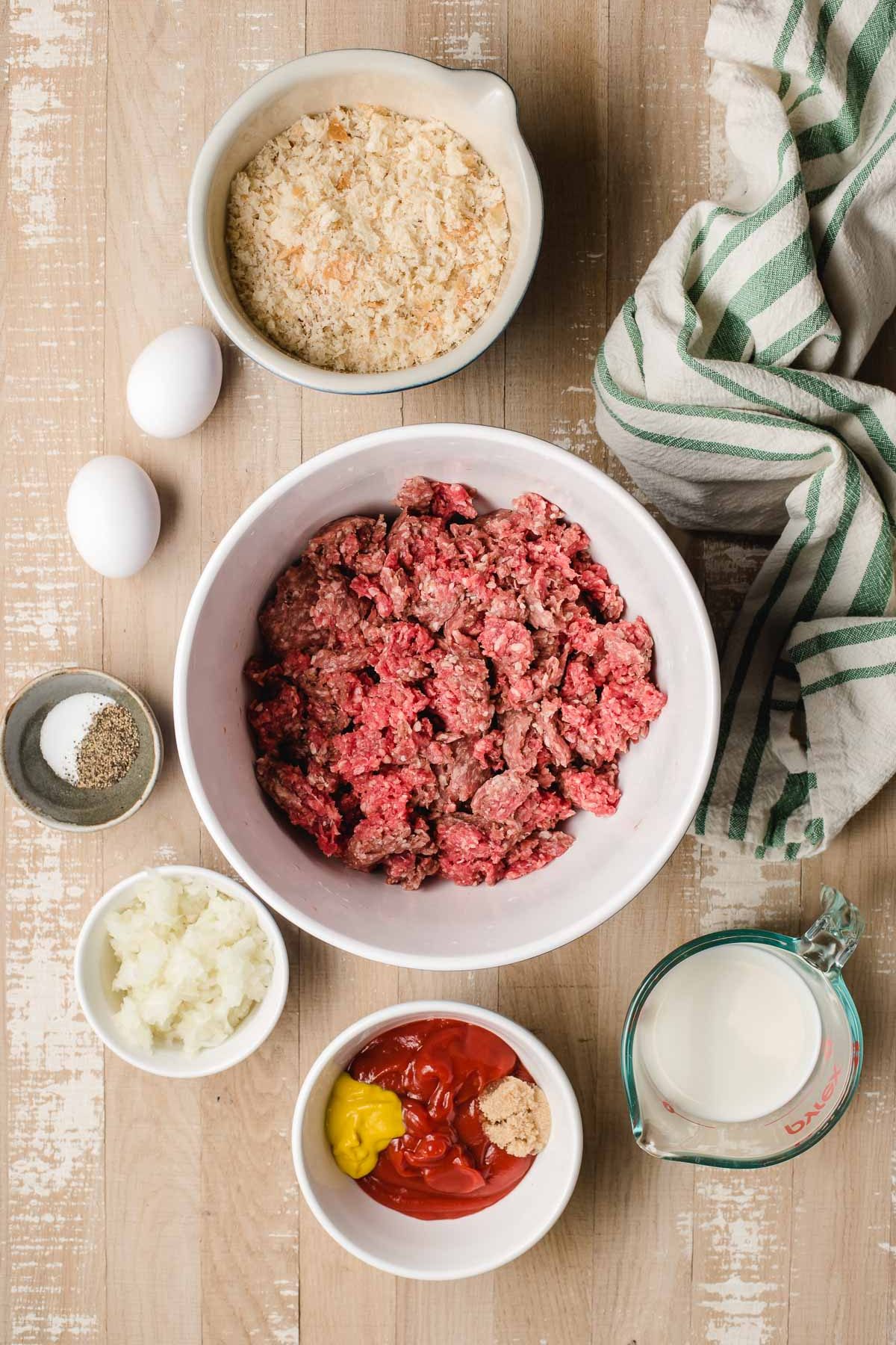 All the ingredients needed to make our air fryer meatloaf recipe.