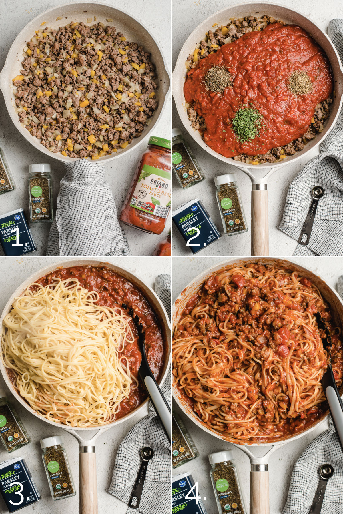 Step by step images of spaghetti casserole being made: a pan with sauteed ground beef and onions, the same pan with the addition of spaghetti sauce, adding spaghetti, and finally, the sauce and spaghetti all mixed up.