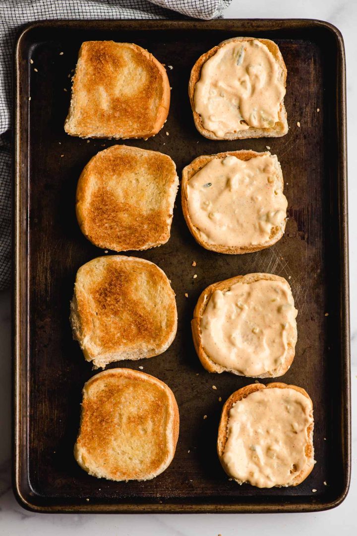Toasted buns with mac sauce.