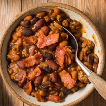A hearty bowl of Cowboy Baked Beans with Ground Beef.