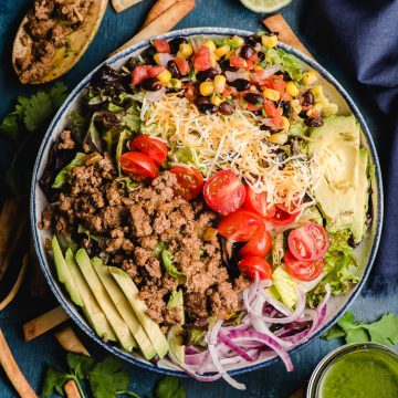 A colorful bowl of Ground Beef Taco Salad served for dinner.