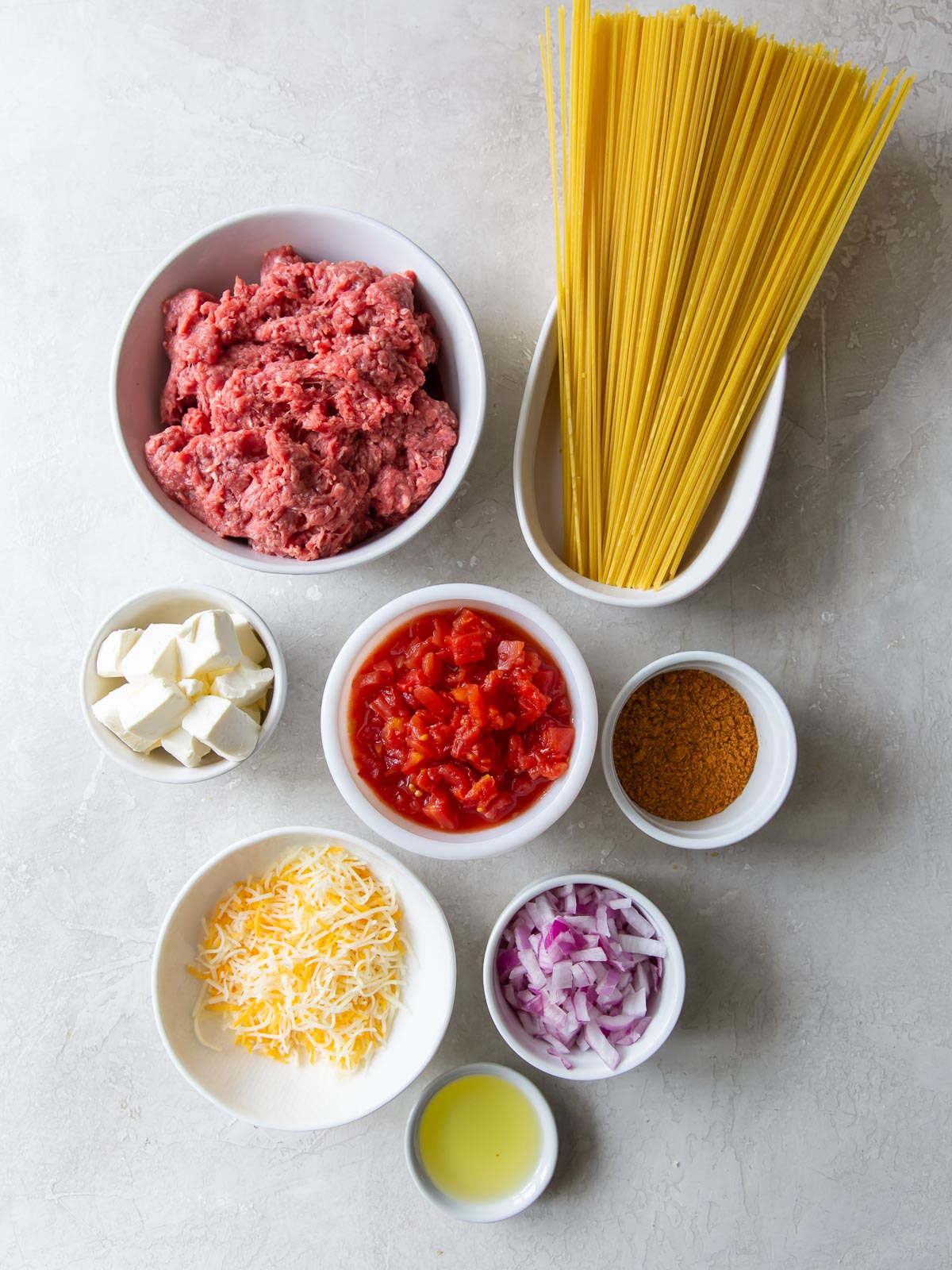 One pot taco spaghetti ingredients.