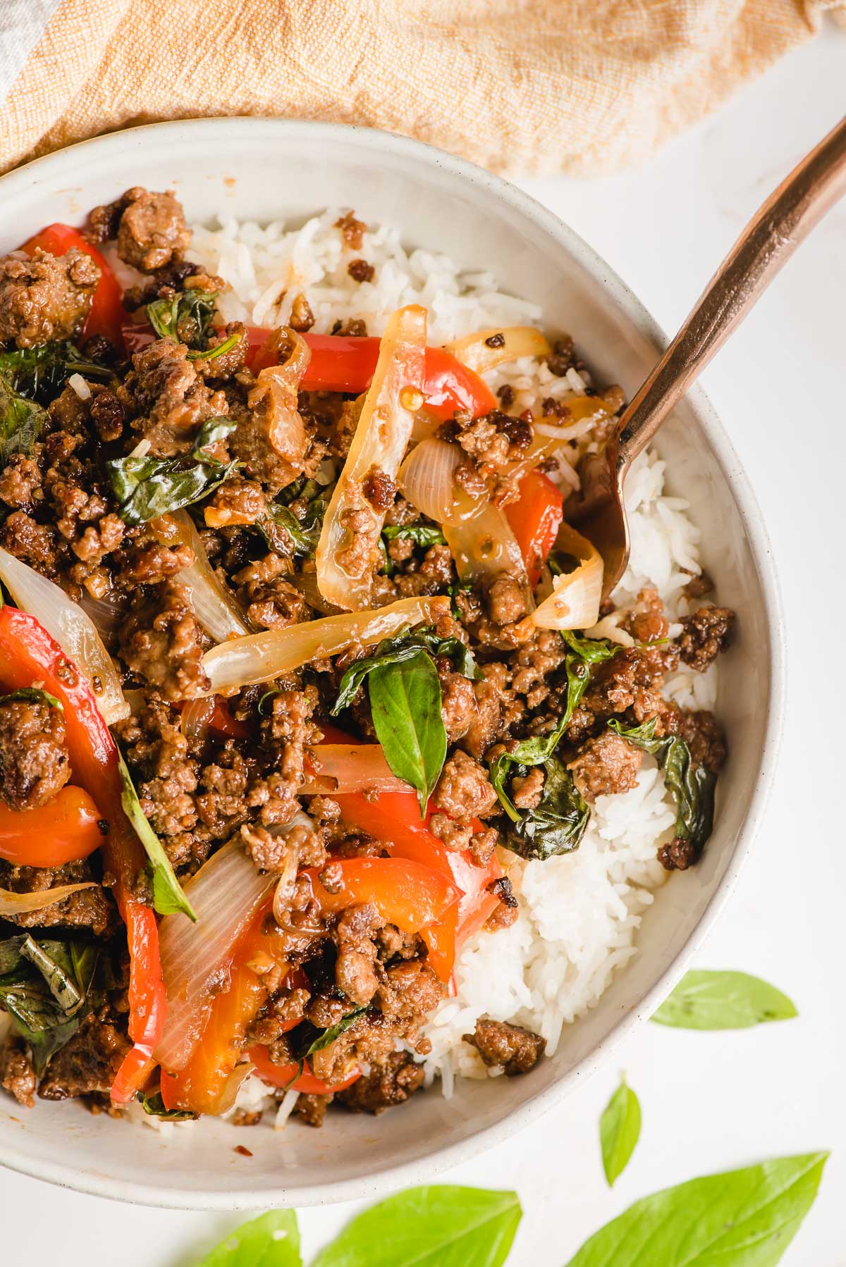 A bowl of Thai Basil Beef on rice.