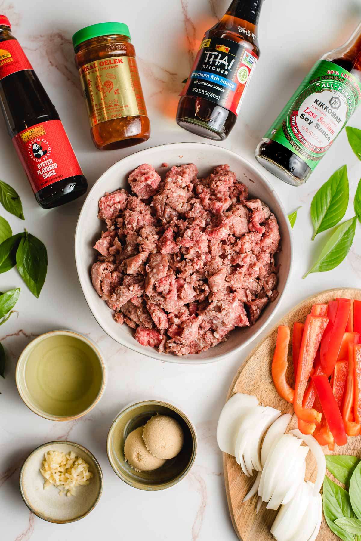 All the ingredients needed to make Thai Basil Beef.